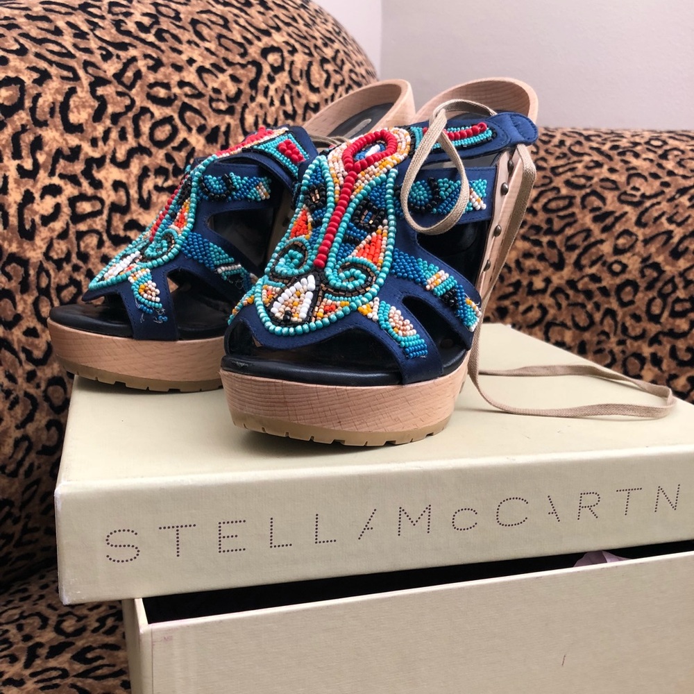 Stella McCartney Aztec satin & wood sandals